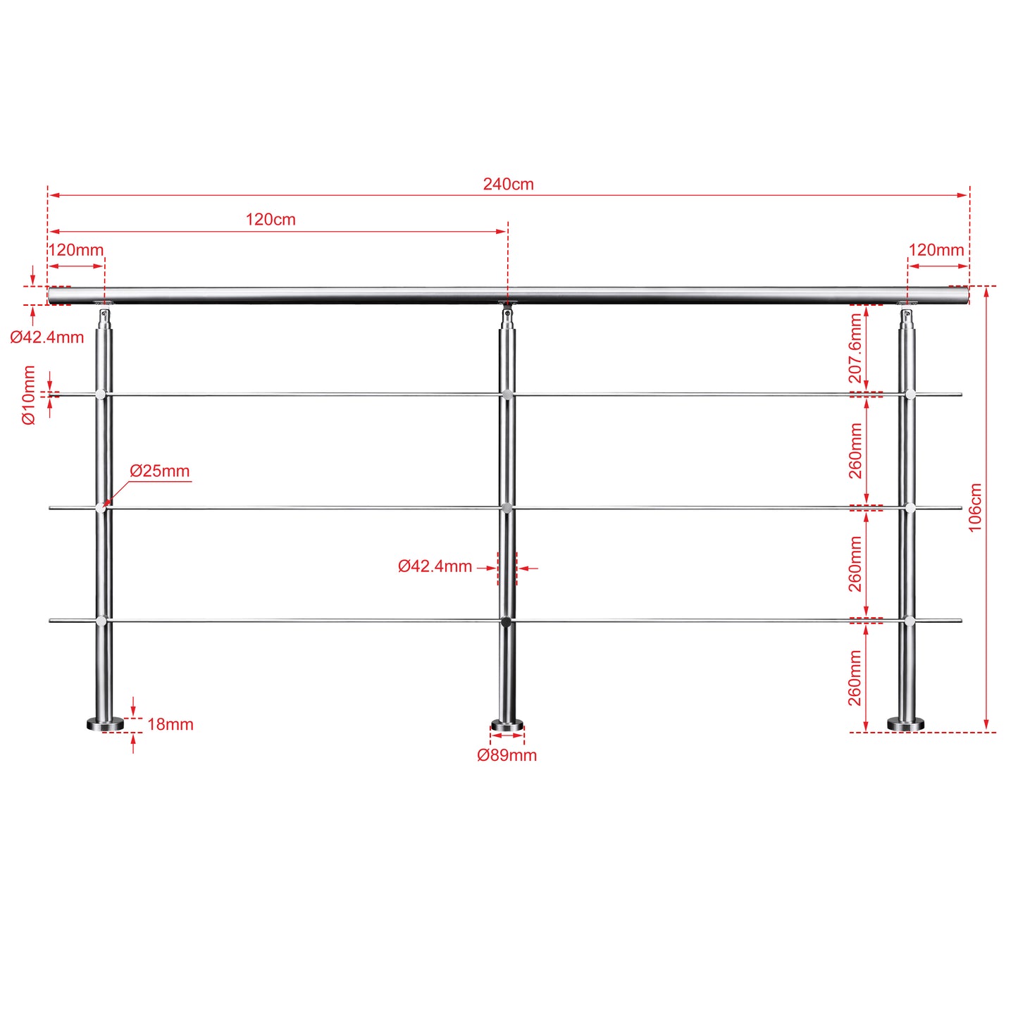 Edelstahl Geländer 3/5 Querstäbe Treppengeländer 80-240cm Handlauf | Balustradensystem für Balkon & Terrasse