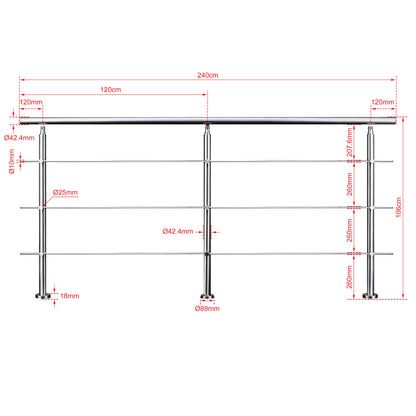 Edelstahl Geländer 3/5 Querstäbe Treppengeländer 80-240cm Handlauf | Balustradensystem für Balkon & Terrasse