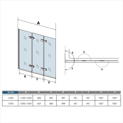 Duschwand für Badewanne 3-teilig Faltbar Duschtrennwand 6mm NANO Sicherheitsglas 130 x H.140 cm