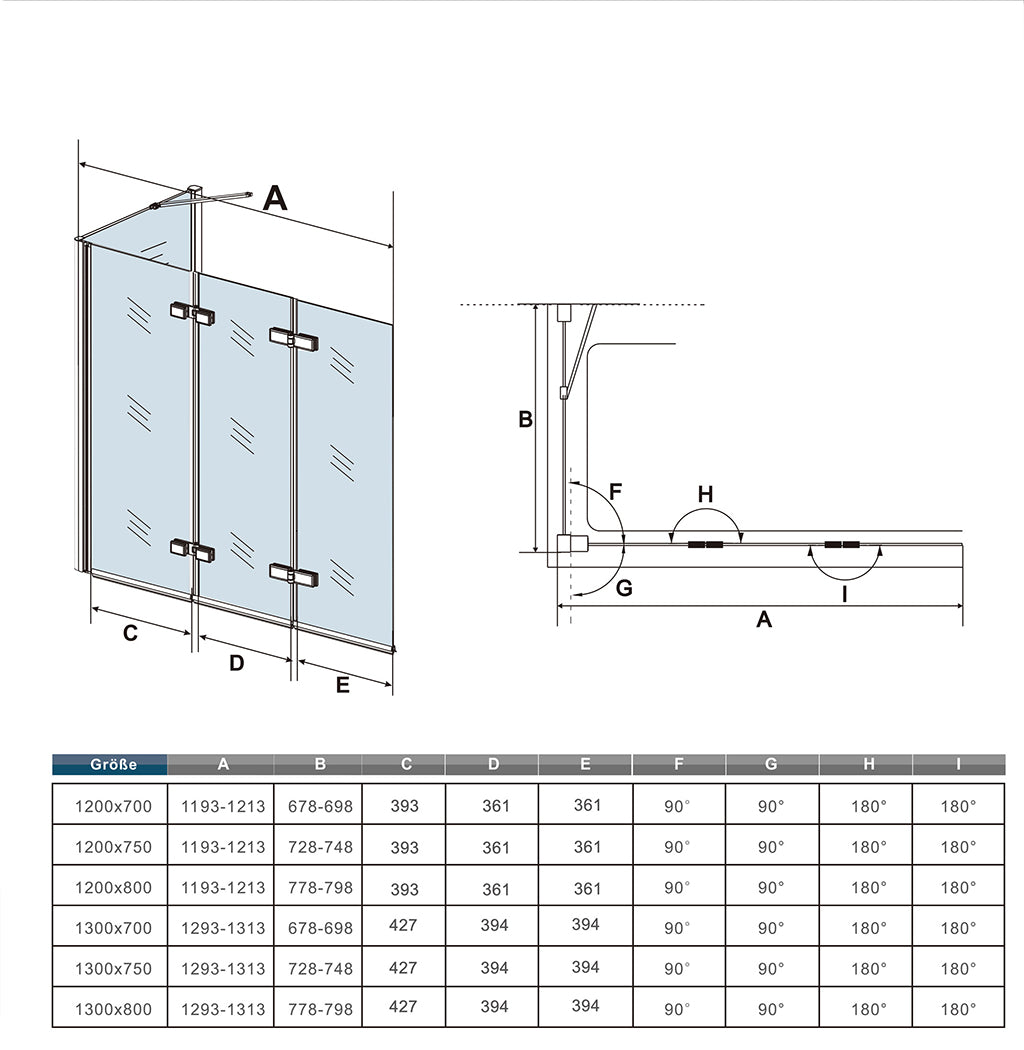 Duschwand für Badewanne Schwarz mit Seitenwand NANO-GLAS Badewannenaufsatz 3-teilig faltbar 6mm NANO Sicherheitsglas 130+75 x H.140 cm