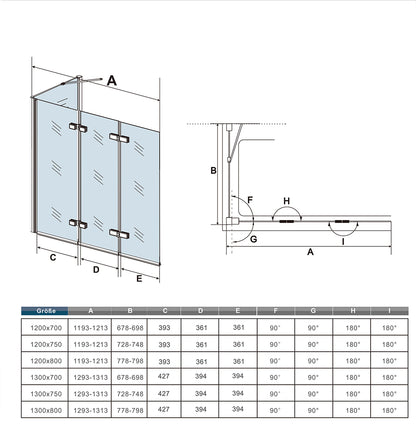 Duschwand für Badewanne Schwarz mit Seitenwand NANO-GLAS Badewannenaufsatz 3-teilig faltbar 6mm NANO Sicherheitsglas 130+70 x H.140 cm