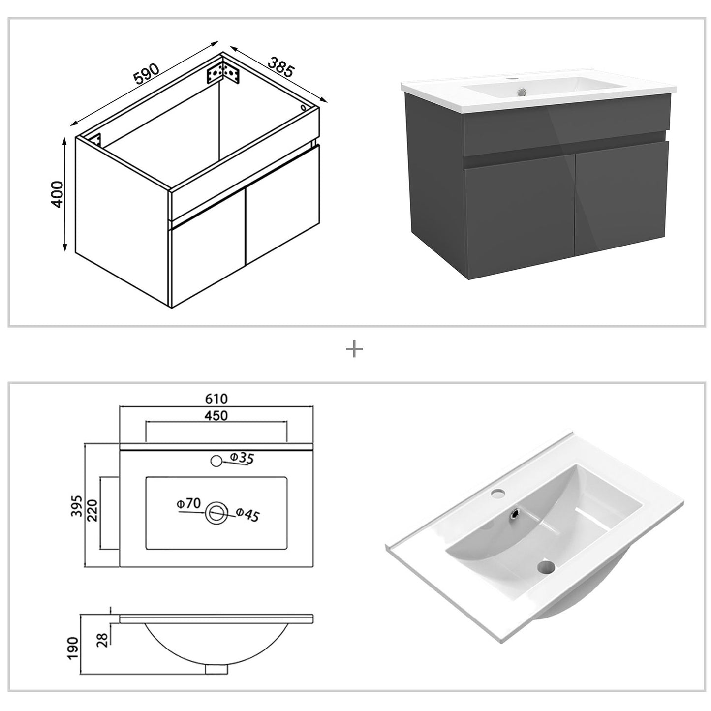 Badezimmer Badmöbel 60cm Dünn Keramik Waschtisch mit Unterschrank Hängeschrank Hochglanz Dunkelgrau Badezimmerschränke Badschrank mit 2 Soft-Close Türen