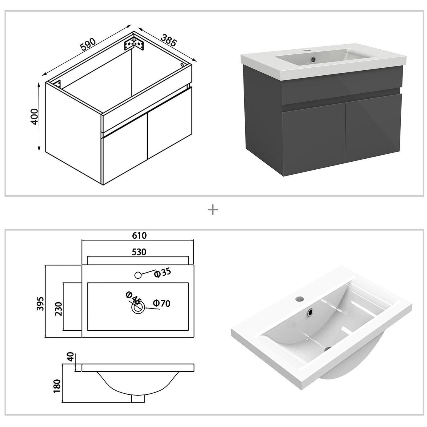 Badezimmer Badmöbel 60cm Dickes Keramik Waschtisch mit Unterschrank Hängeschrank Hochglanz Dunkelgrau Badezimmerschränke Badschrank mit 2 Soft-Close Türen