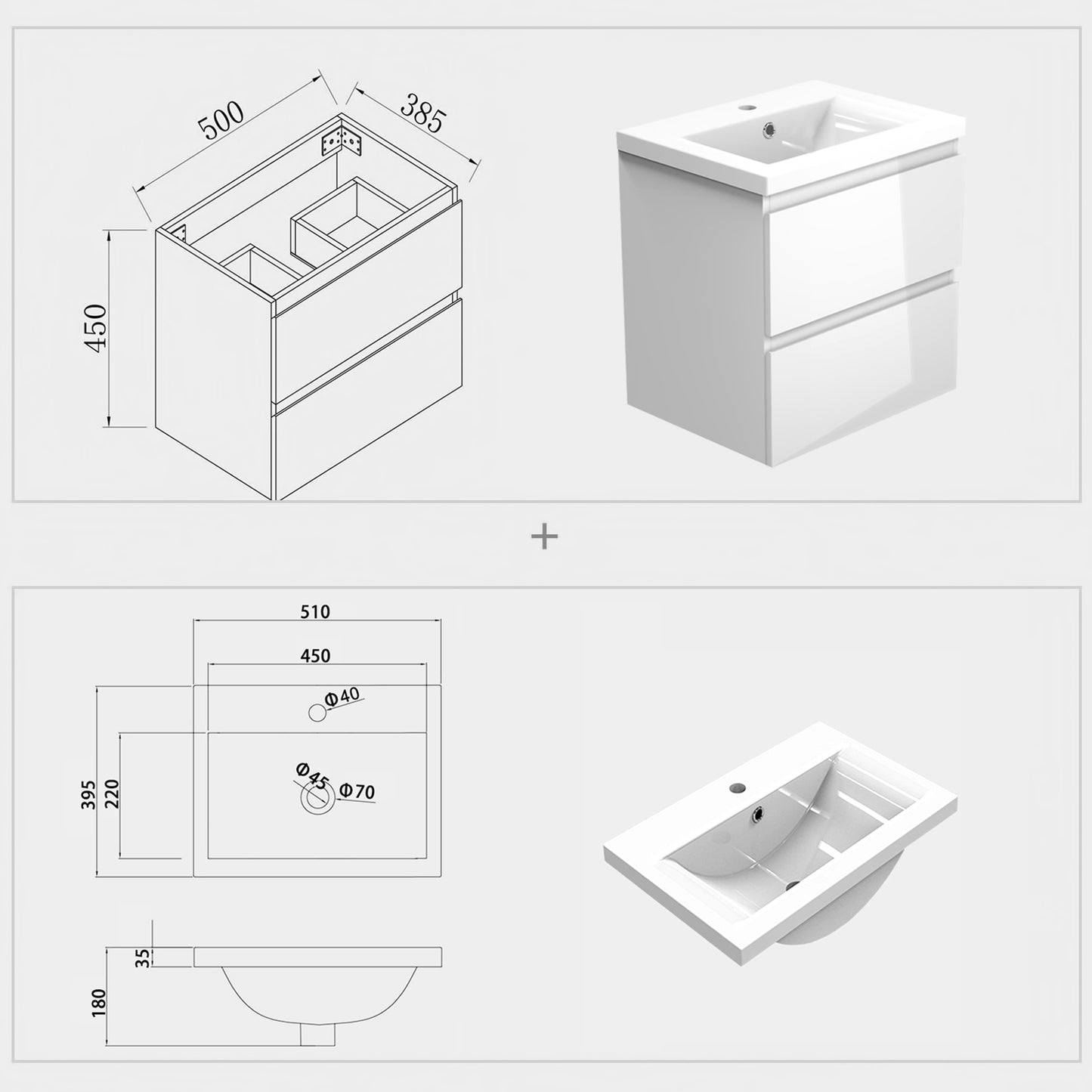 Badezimmermöbel 50cm Keramik Waschtisch mit Unterschrank Badmöbel set Badezimmerschränke mit 2 Soft-Close Schubladen Hochglanz Weiß