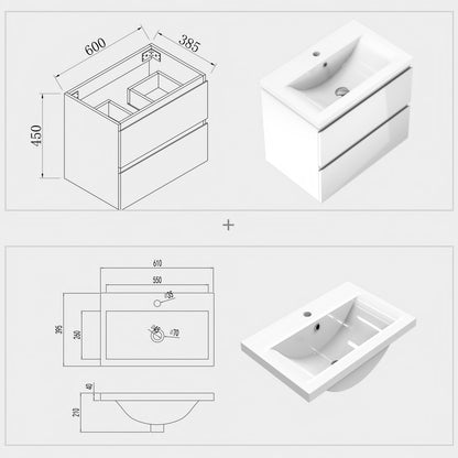 Badezimmermöbel 60cm Dickes Keramik Waschtisch mit Unterschrank Badmöbel set Badezimmerschränke mit 2 Soft-Close Schubladen Hochglanz Weiß