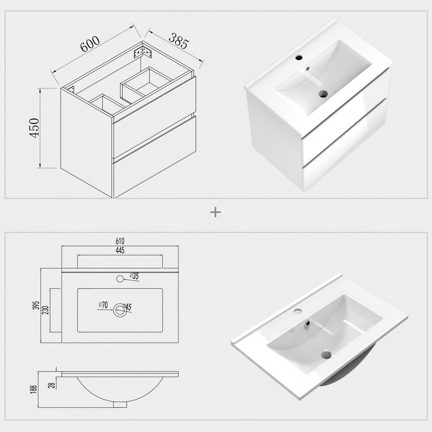 Badezimmermöbel 60cm Dünn Keramik Waschtisch mit Unterschrank Badmöbel set Badezimmerschränke mit 2 Soft-Close Schubladen Hochglanz Weiß