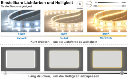 Badspiegel mit Beleuchtung,80x60cm LED Wandspiegel mit Wandschalter/Wandschalter/Touch-Schalter,Beschlagfrei,Badezimmerspiegel mit 3 Lichtfarbe 2700-6500K Dimmbar,IP44