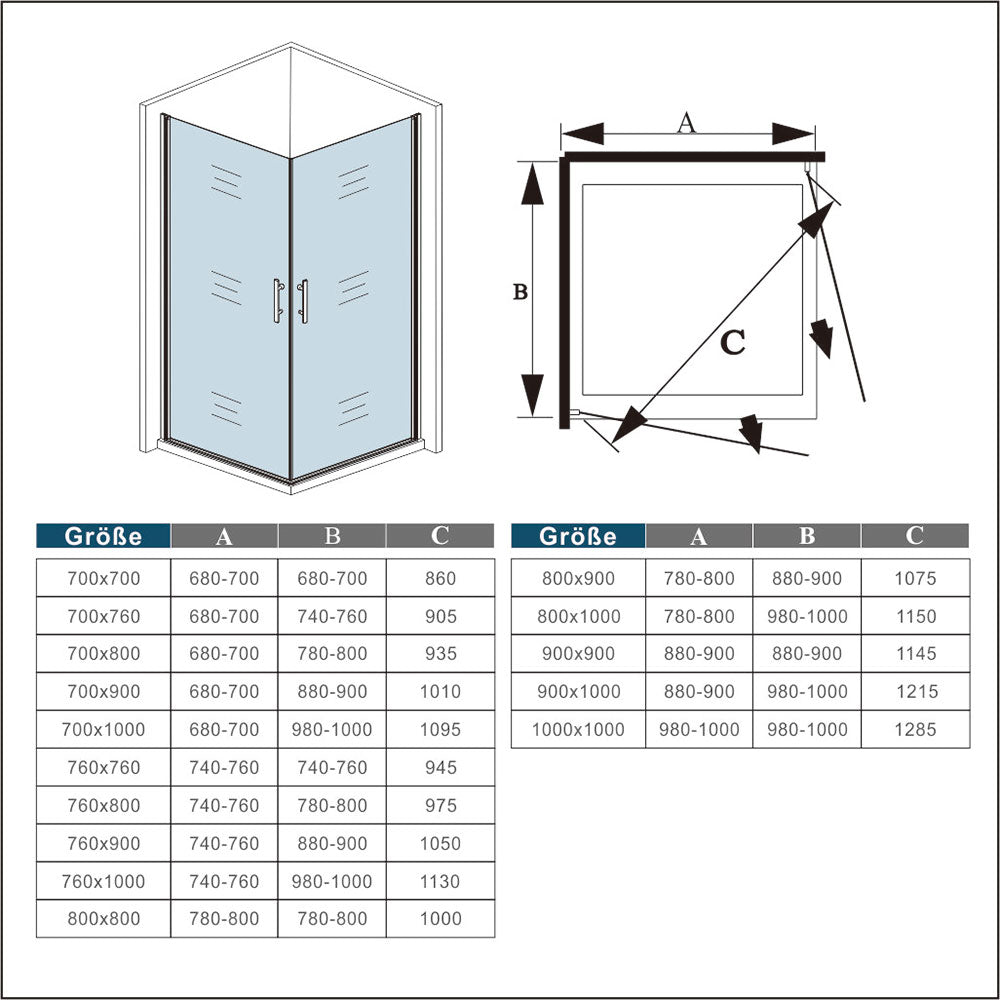 Drehtür Eckeinstieg Duschkabine 100 x 100 cm H.185 cm NANO Glas Dusche