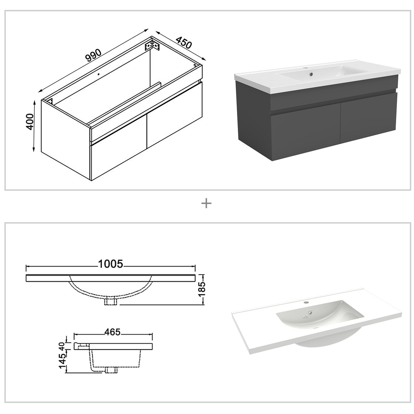 Badmöbel Set 100cm Badezimmer Waschtisch mit Unterschrank Weiß/Anthrazit/Eiche