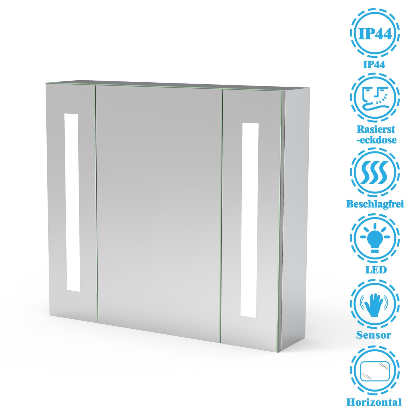 LED Spiegelschrank LISA 65x60cm Badspiegel mit Beleuchtung, Aluminium, Doppelseitiger Spiegel, IR-Sensor Schalter, Rasier Steckdose, Beschlagfrei