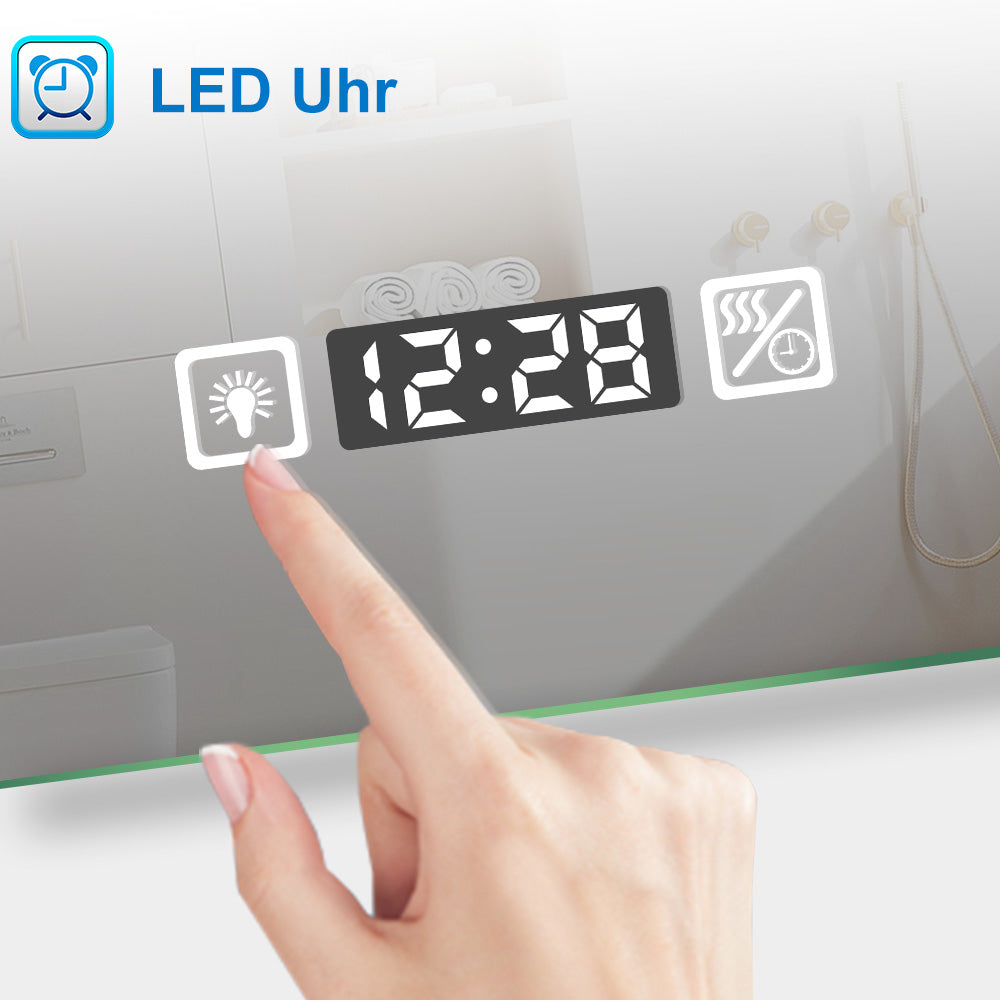 LED Badspiegel 80 -140 cm Wandspiegel mit Uhr, Touch, Beschlagfrei,3-Fach Vergrößerung Schminkspiegel IP44 Kaltweiß energiesparend