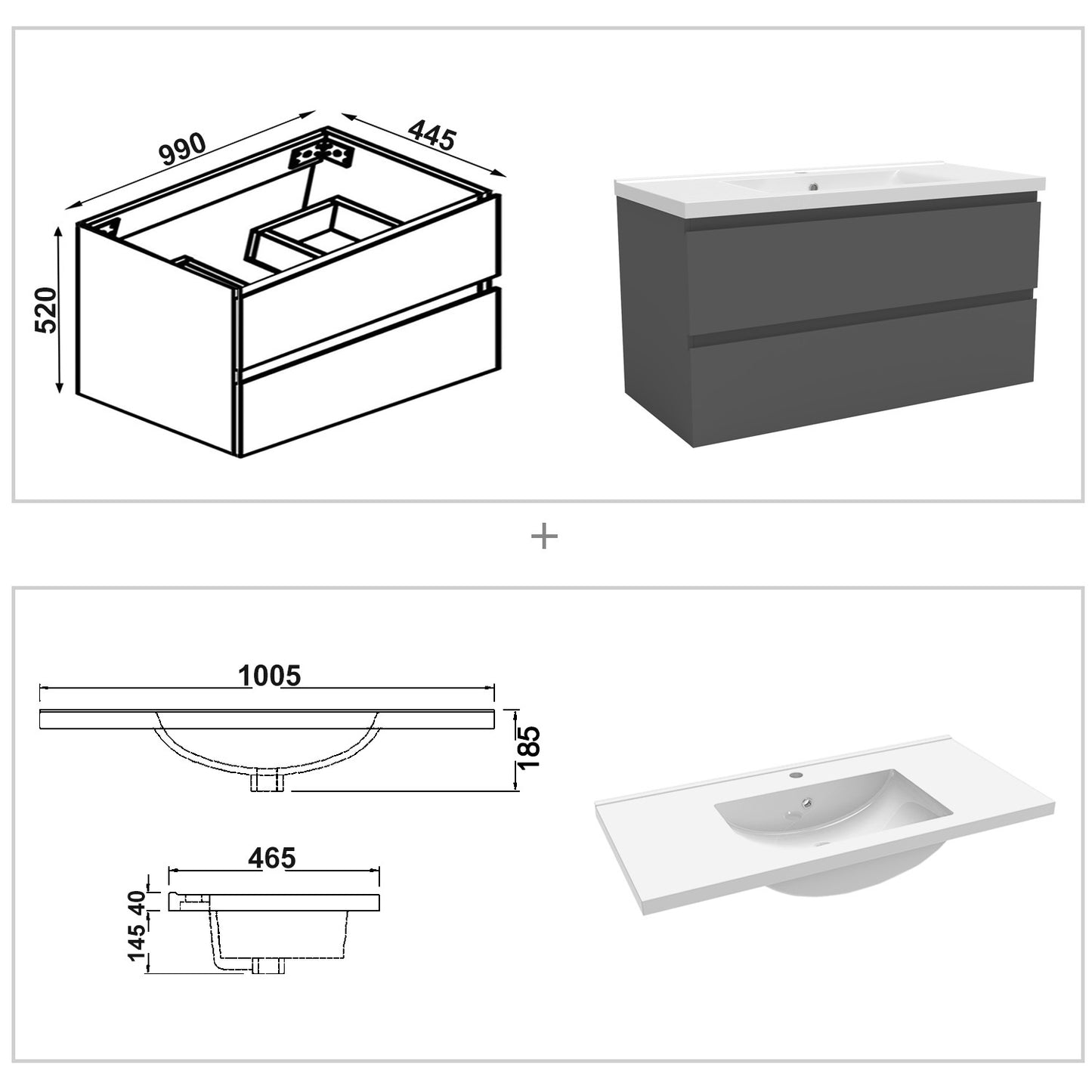 Badmöbel Set 100cm Badezimmer Waschtisch mit Unterschrank Weiß/Anthrazit/Eiche