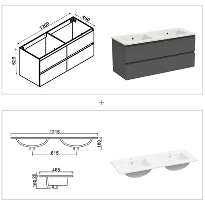Badmöbel Set 120cm Badezimmer Waschtisch mit Unterschrank Weiß/Anthrazit/Eiche Matt