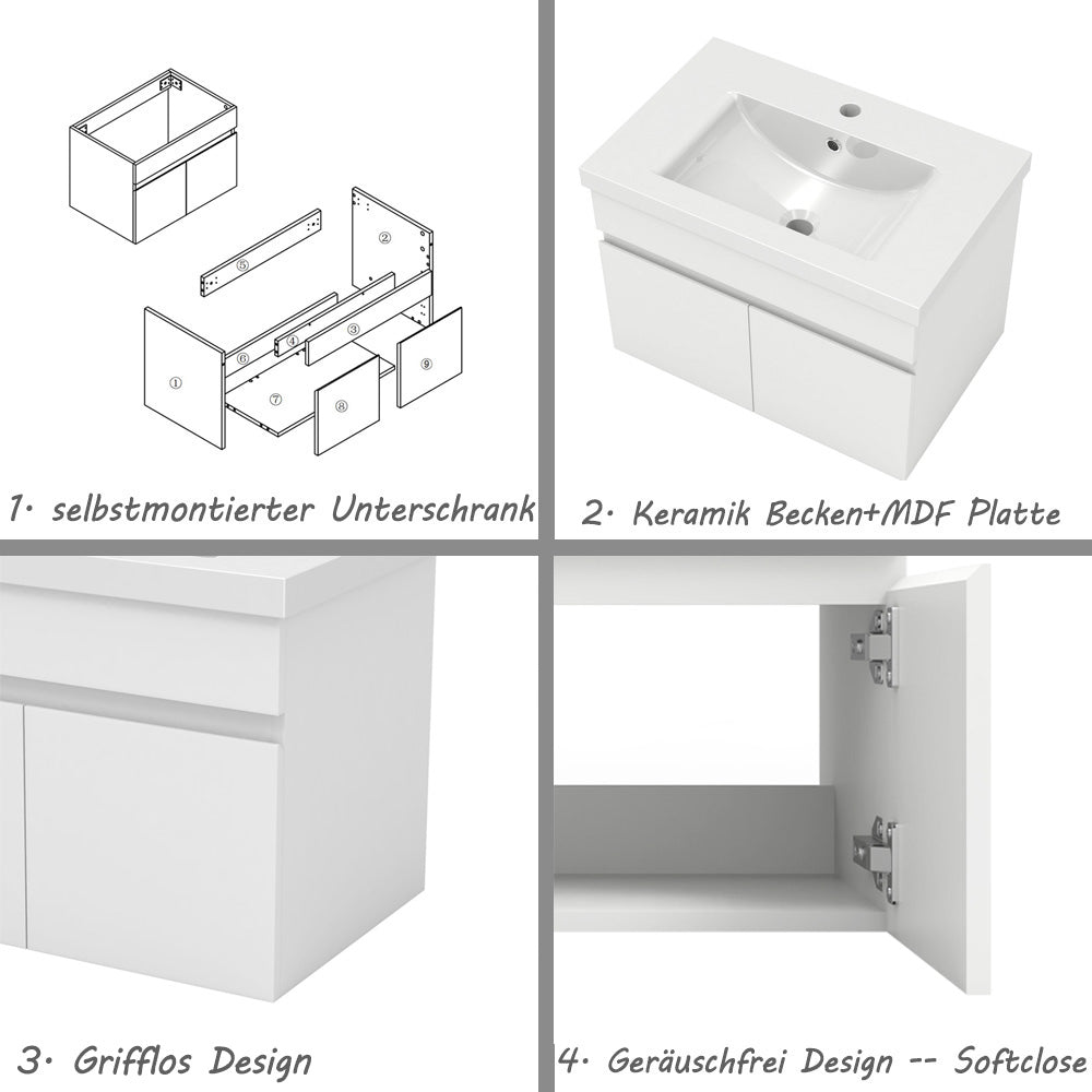 Badmöbel Set 80 cm Badezimmer Waschtisch mit Unterschrank Weiß Matt/Eiche Matt