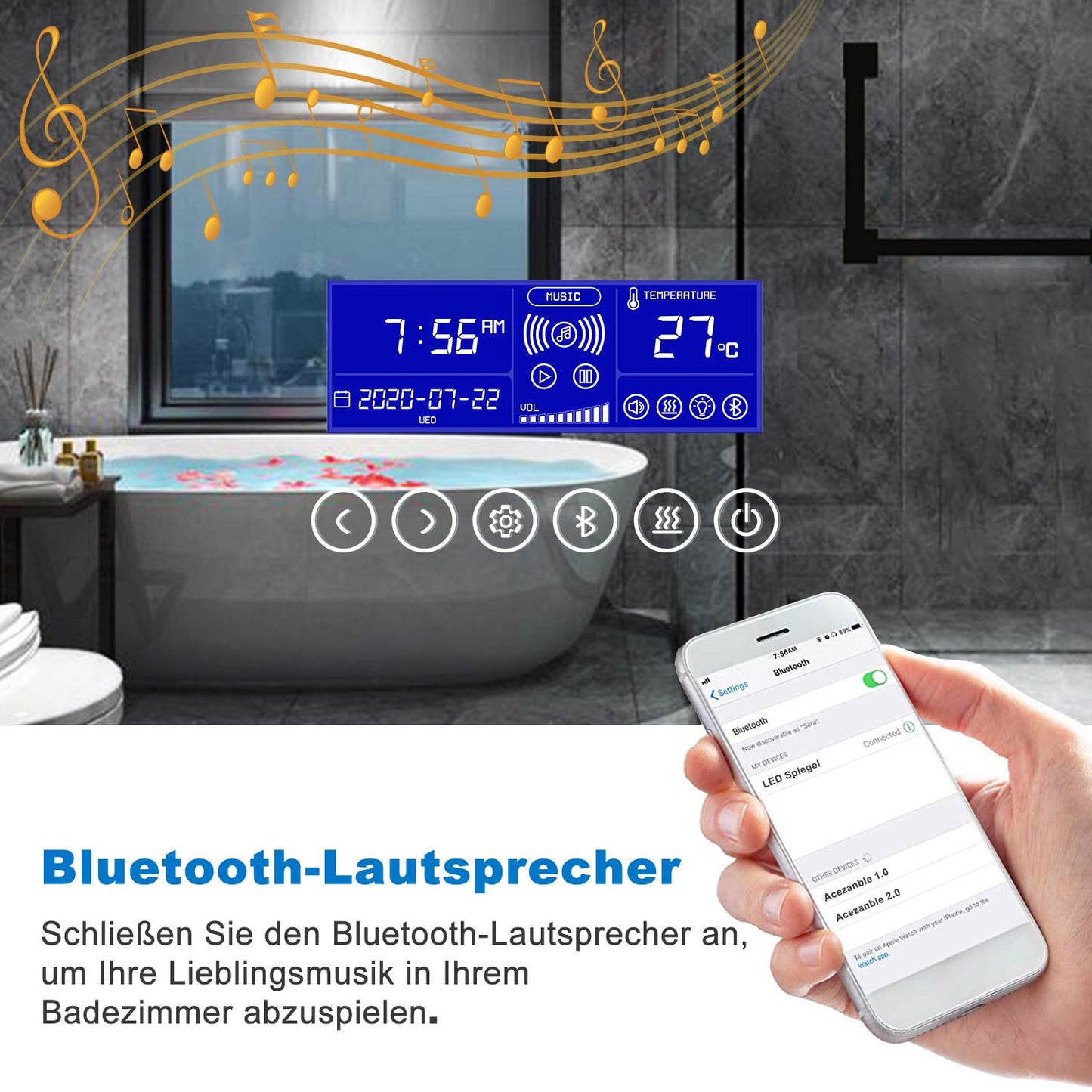 LED Badspiegel 80 bis 160 cm 2 Lichtfarbe 2700k/6000K Wandspiegel mit Bluetooth, Uhr, Touch, Beschlagfrei,3-Fach Vergrößerung Schminkspiegel IP44 Kalt/Warmweiß energiesparend