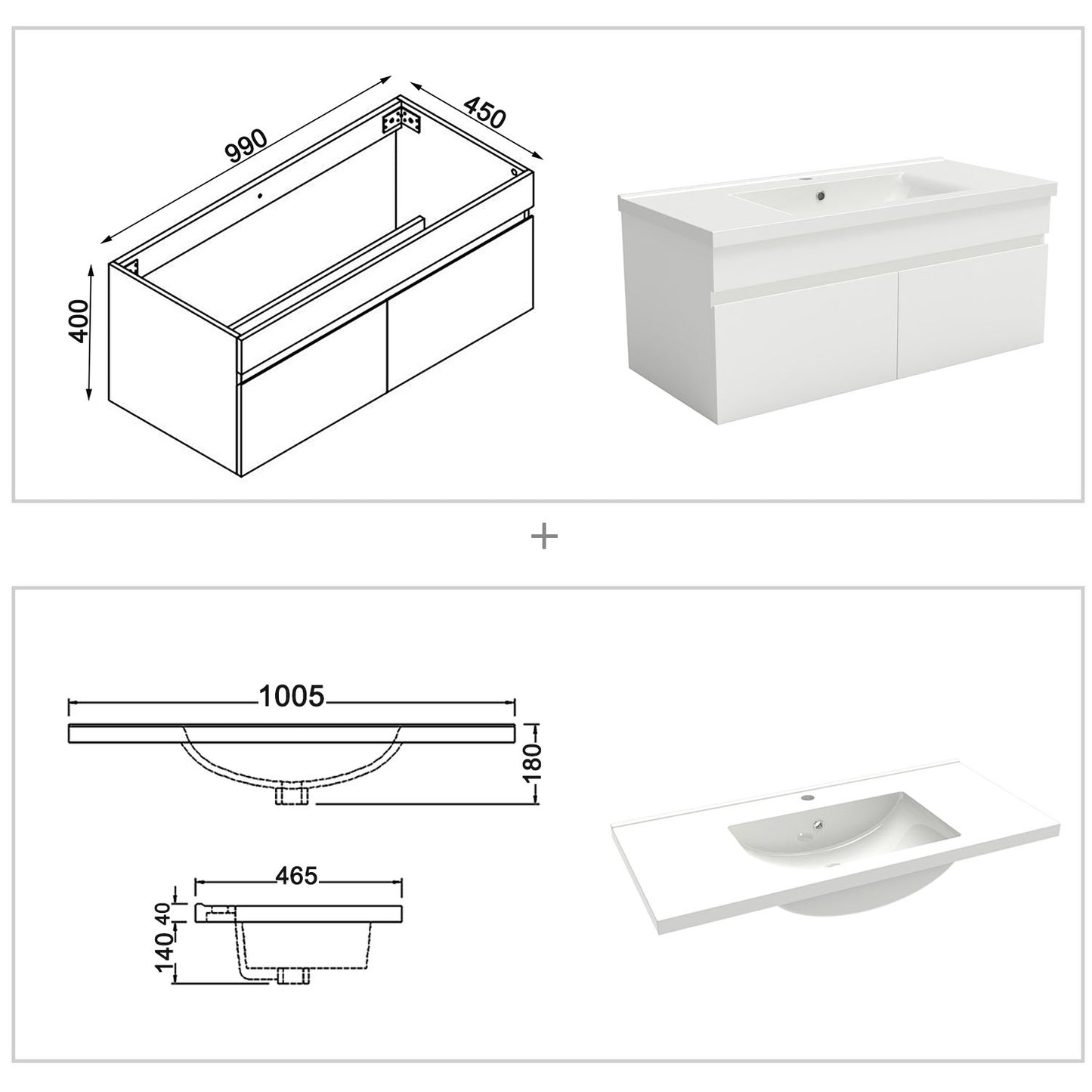 Badmöbel Set 100cm Badezimmer Waschtisch mit Unterschrank Weiß/Anthrazit/Eiche