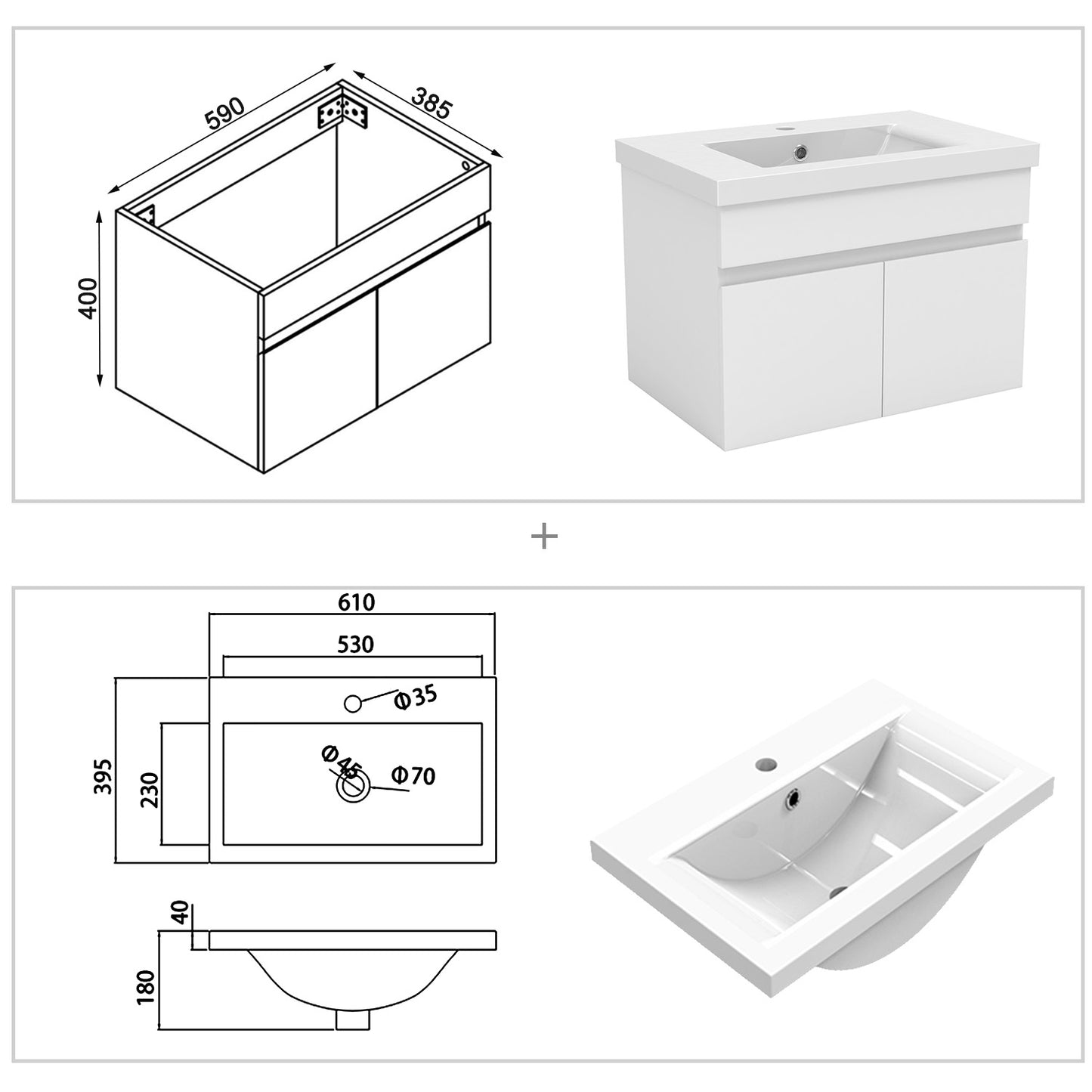 Waschtisch mit Unterschrank 60 cm Badmöbel Set mit Waschbecken  Gäste WC Weiß Matt