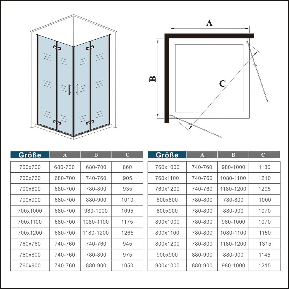 90x90 80x80 Eckeinstieg Falttür Eckdusche Duschkabine Drehfalttür Glas Höhe: 185cm