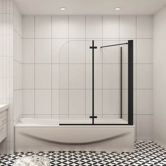 Duschabtrennung für Badewanne 2-teilig mit Seitenwand Schwarz 100+70 cm 6mm NANO Sicherheitsglas H.140 cm