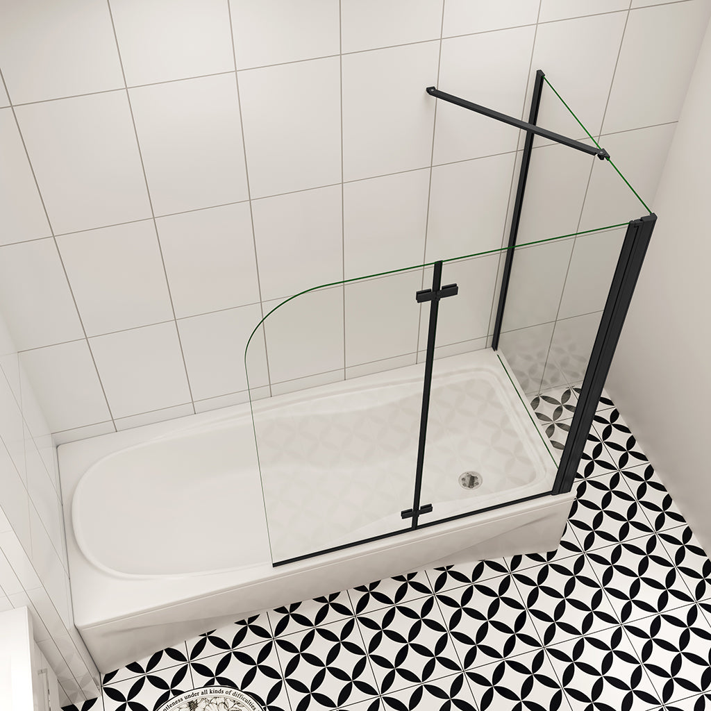 6mm NANO Glas H.140 cm Duschabtrennung für Badewanne 2-teilig mit Seitenwand Schwarz 100+70 cm