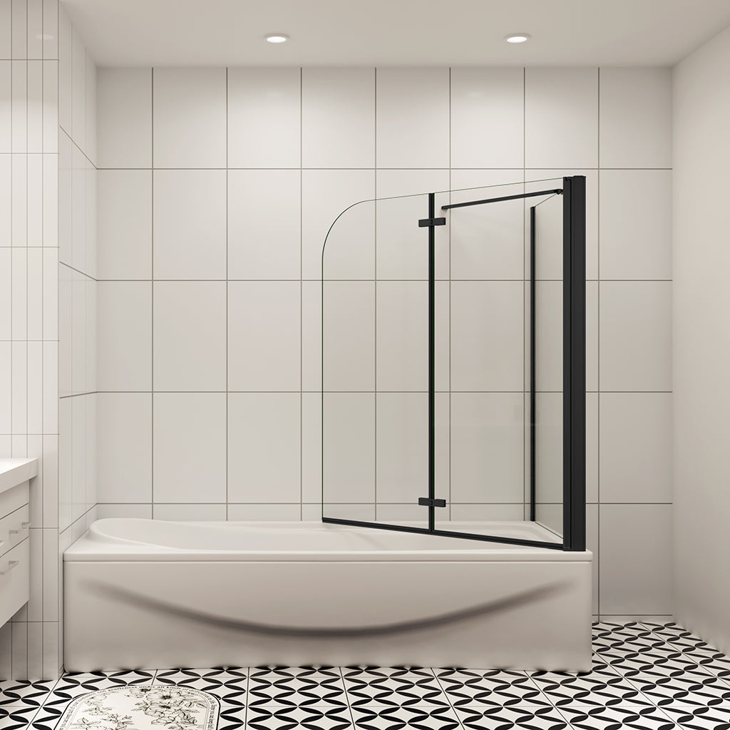 100+75 cm Duschabtrennung für Badewanne 2-teilig mit Seitenwand Schwarz 6mm NANO Glas H.140 cm