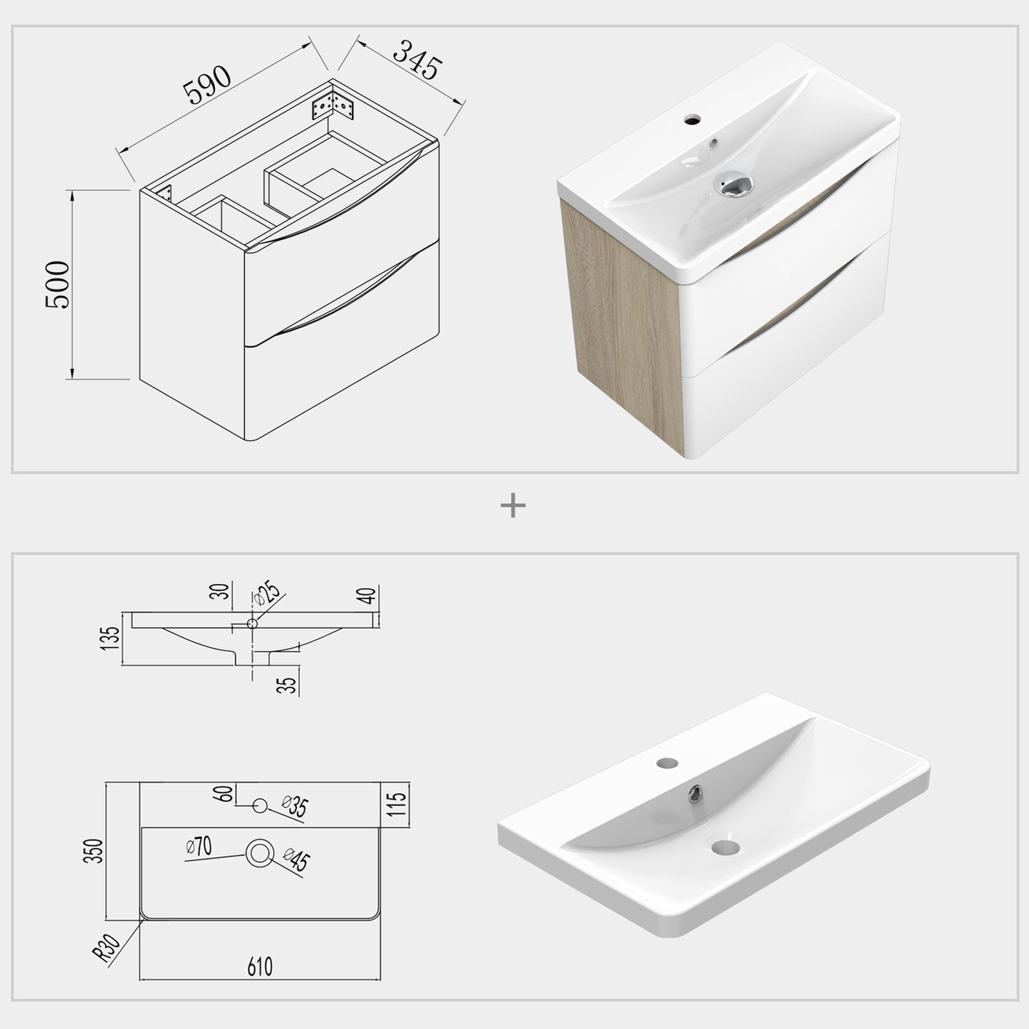 Badmöbel CAROLINA 50/60/80 cm weiss Waschbecken mit Unterschrank inkl. 2-Schubladen Soft-Close Funktion