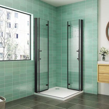 B.90 x T.70 x H.195 cm 6mm NANO Glas Eckeinstieg Klapptüren und schwarzen Profilen aus ESG Sicherheitsglas