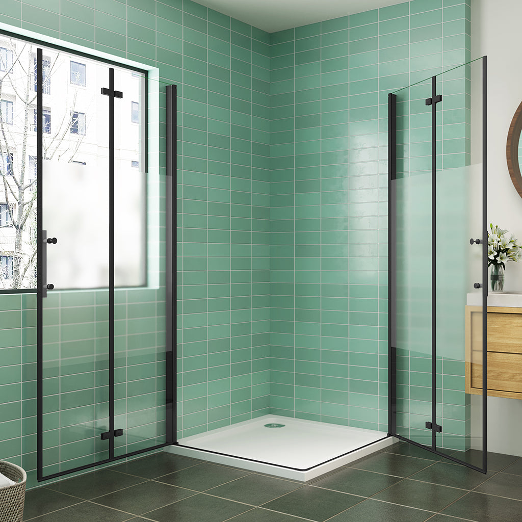 Eckeinstieg Klapptüren und schwarzen Profilen aus ESG Sicherheitsglas 6mm NANO Glas 90x70 x H.195 cm
