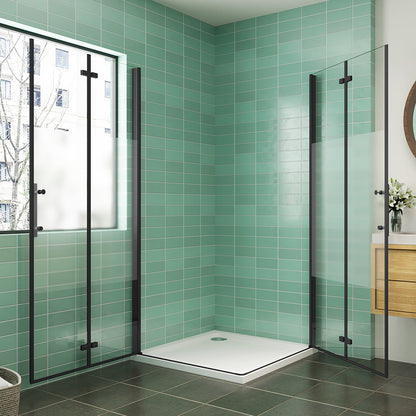 Eckeinstieg Klapptüren und schwarzen Profilen aus ESG Sicherheitsglas 6mm NANO Glas 90x70 x H.195 cm