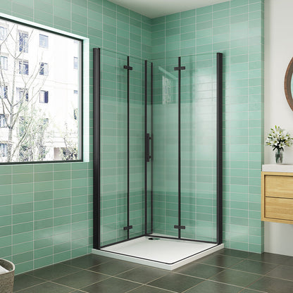 90x70 cm Eckeinstieg Klapptüren und schwarzen Profilen aus ESG Sicherheitsglas 6mm NANO Glas H.195 cm