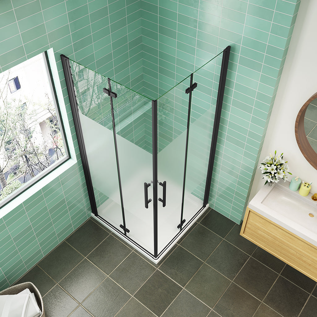 H.195 cm 6mm NANO Glas Eckeinstieg Klapptüren und schwarzen Profilen aus ESG Sicherheitsglas 90x70 cm