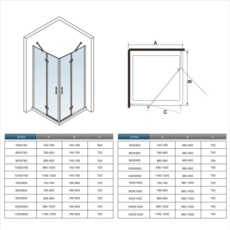90x90 80x80 Eckeinstieg Eckdusche Duschkabine Glas Höhe: 185cm