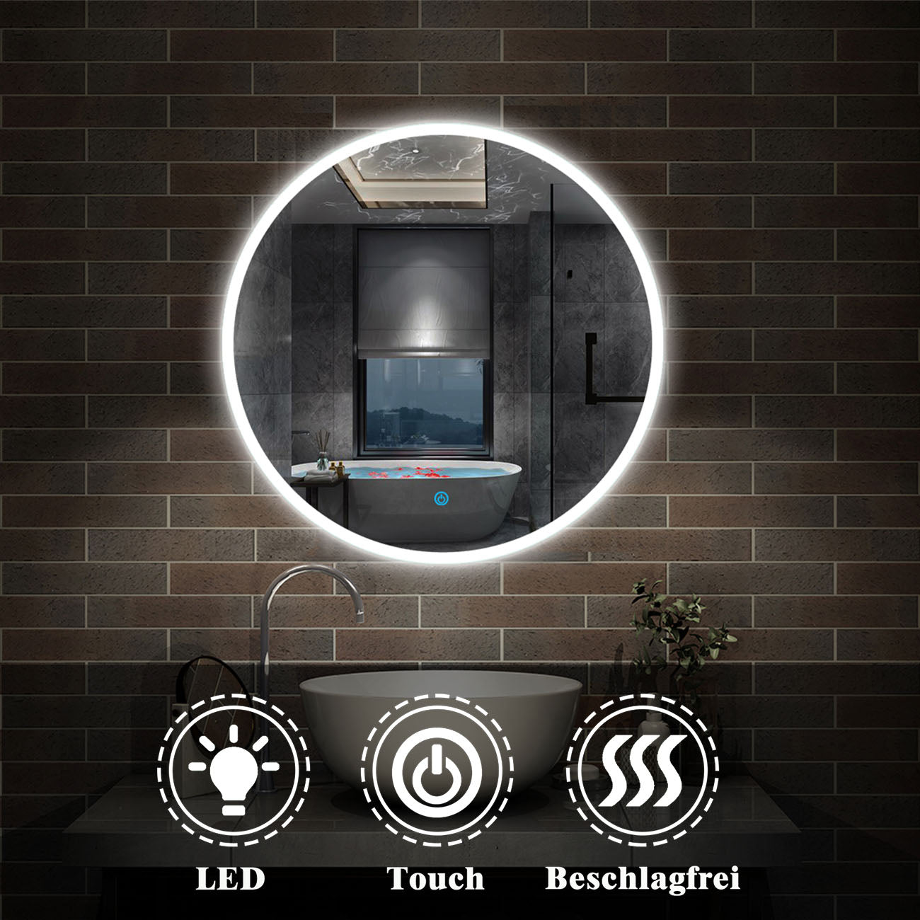 LED Badspiegel rund 50 60 70 80 90 100 cm Touch Beschlagfrei Kaltweiß Wandspiegel mit Beleuchtung