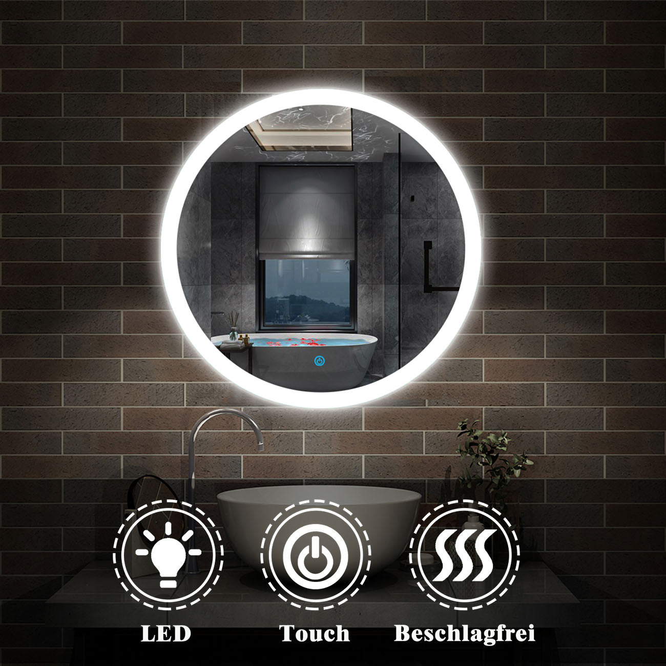 LED Badspiegel rund 50 60 70 80 90 100 cm Touch Beschlagfrei Kaltweiß Wandspiegel mit Beleuchtung