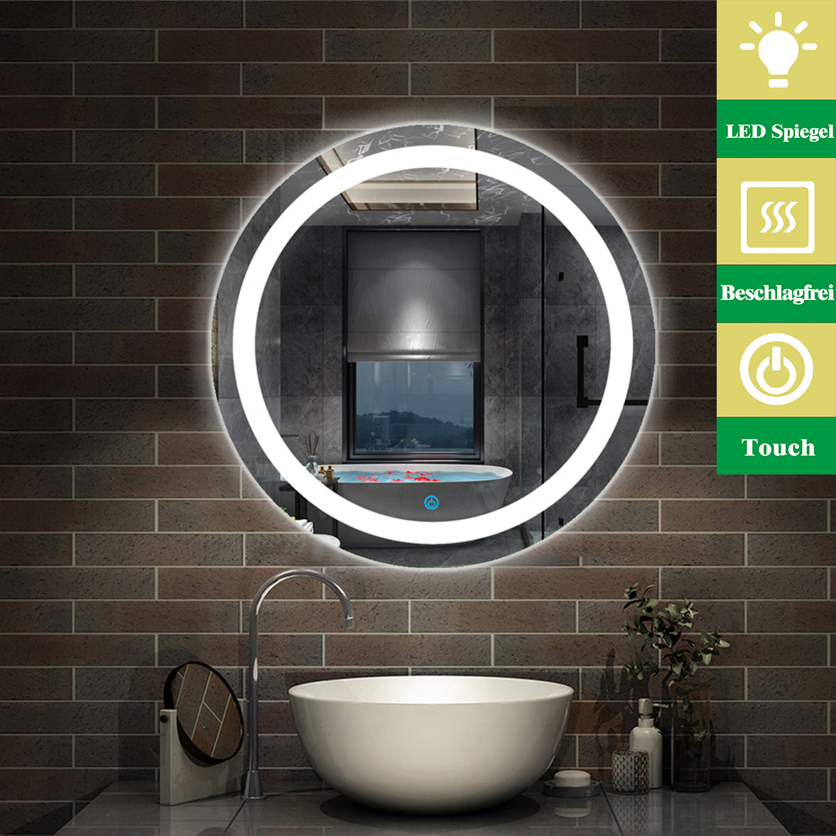 LED Badspiegel rund 60 cm Touch Beschlagfrei Kaltweiß Wandspiegel mit Beleuchtung