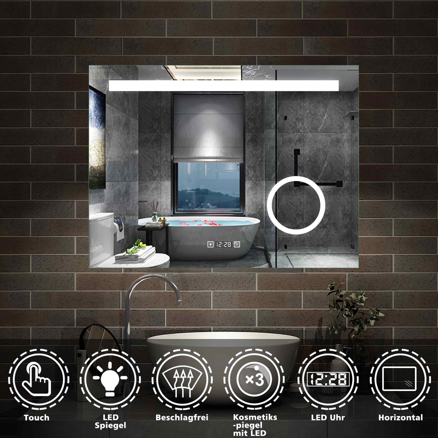 LED Badspiegel 80 -140 cm Wandspiegel mit Uhr, Touch, Beschlagfrei,3-Fach Vergrößerung Schminkspiegel IP44 Kaltweiß energiesparend