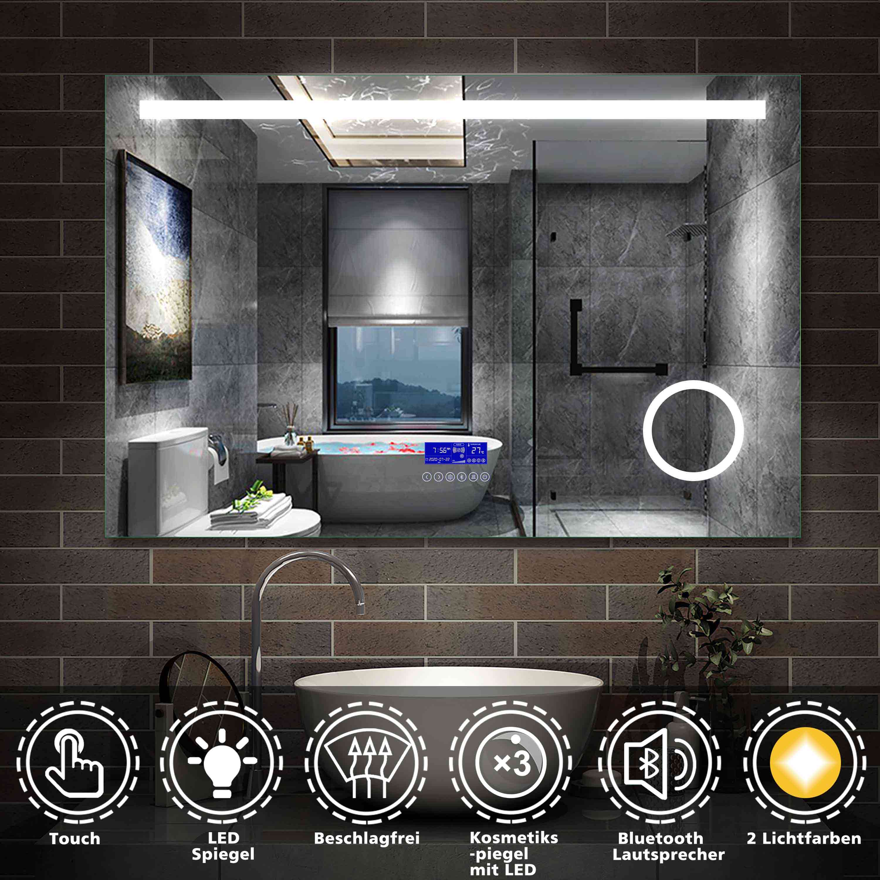 led badspiegel 80 bis 140 cm 2 lichtfarbe wandspiegel mit bluetooth, touch,  beschlagfrei,3-fach vergrößerung schminkspiegel ip44 kalt/warmweiß