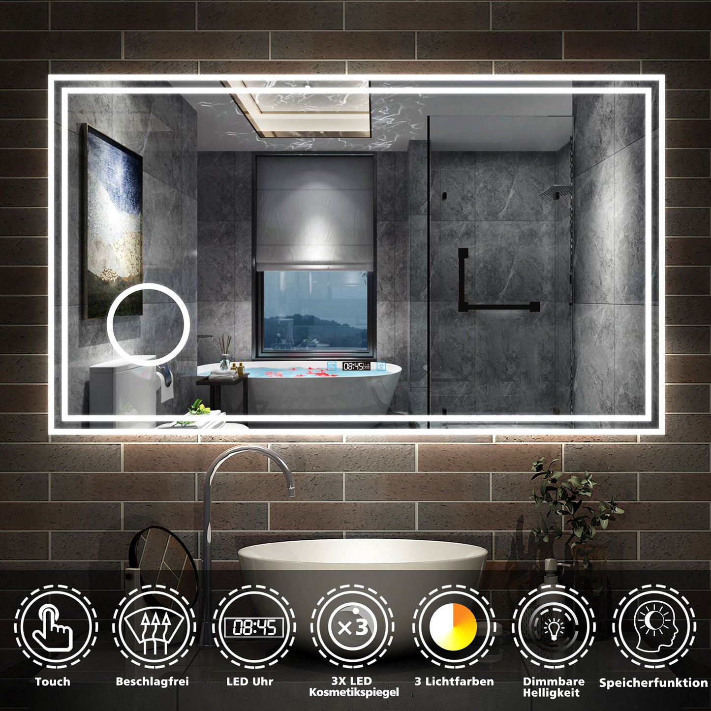 LED Badspiegel 80 -160 cm Wandspiegel mit Uhr, Touch, Beschlagfrei,3-Fach Vergrößerung Schminkspiegel IP44 3 Lichtfarbe 2700-6500K,Kalt/Neutral/Warmweiß energiesparend