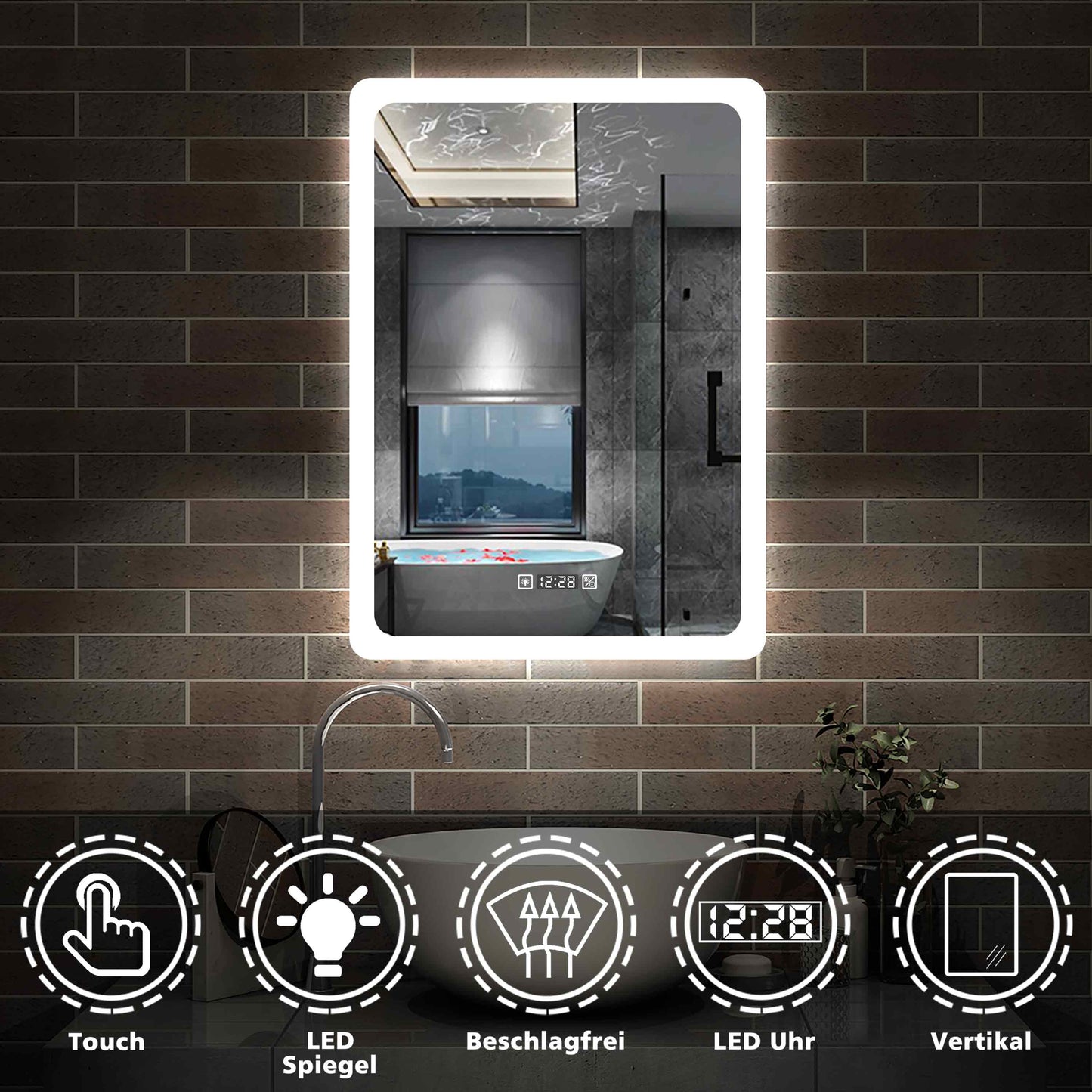 LED Badspiegel mit Uhr, Touch, Beschlagfrei Badezimmerspiegel mit Beleuchtung Lichtspiegel IP44 Kaltweiß energiesparend