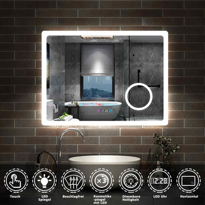 LED Badspiegel 80 -160 cm 3 Lichtfarbe 2700-6500K Wandspiegel mit Uhr, Touch, Beschlagfrei,3-Fach Vergrößerung Schminkspiegel IP44 Kalt/Neutral/Warmweiß energiesparend