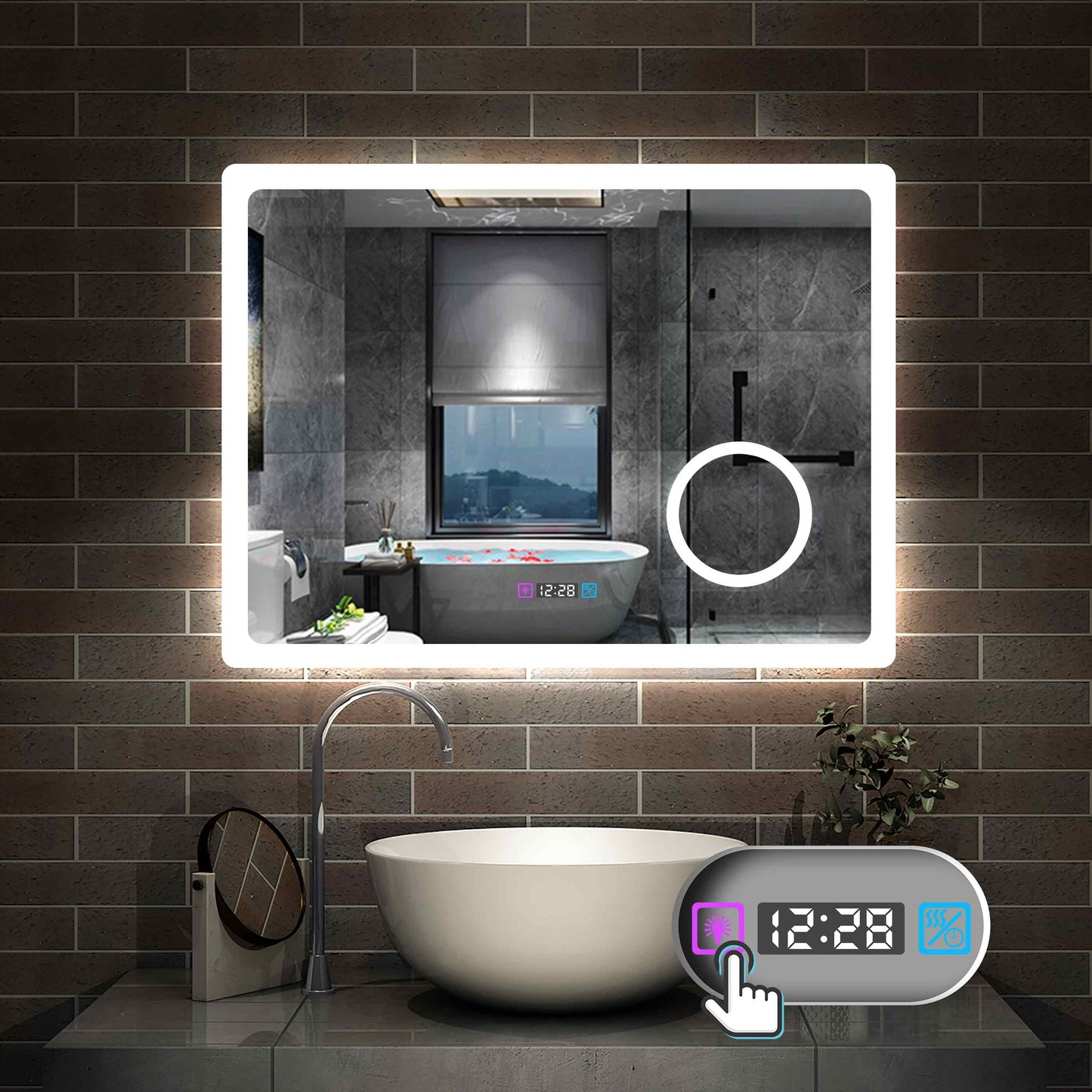 LED Badspiegel 80 -160 cm 3 Lichtfarbe 2700-6500K Wandspiegel mit Uhr, Touch, Beschlagfrei,3-Fach Vergrößerung Schminkspiegel IP44 Kalt/Neutral/Warmweiß energiesparend
