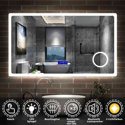 LED Badspiegel 80 bis 160 cm 2 Lichtfarbe 2700k/6000K Wandspiegel mit Bluetooth, Uhr, Touch, Beschlagfrei,3-Fach Vergrößerung Schminkspiegel IP44 Kalt/Warmweiß energiesparend