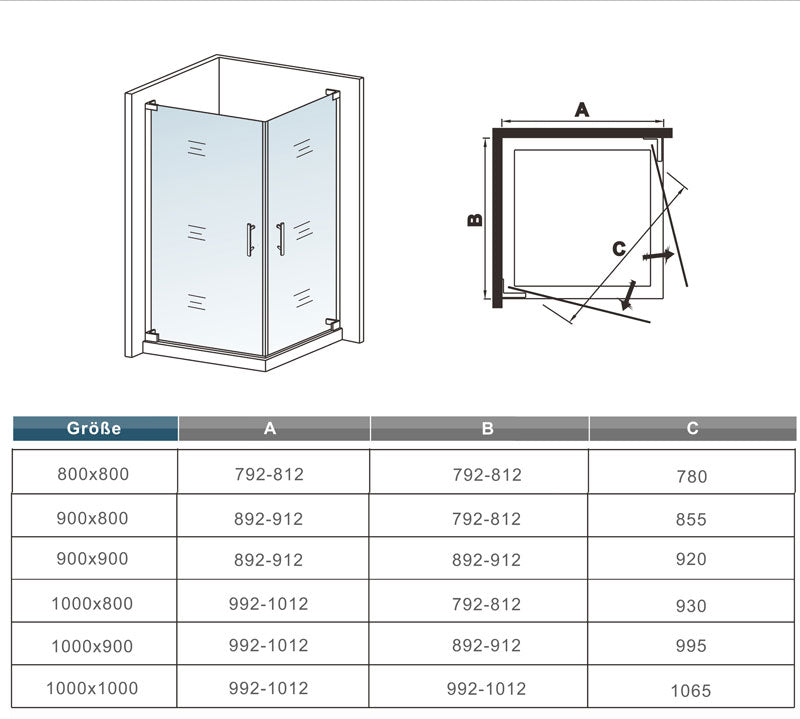 90x90 80x80 Eckeinstieg Eckdusche Duschkabine Glas Höhe: 185cm