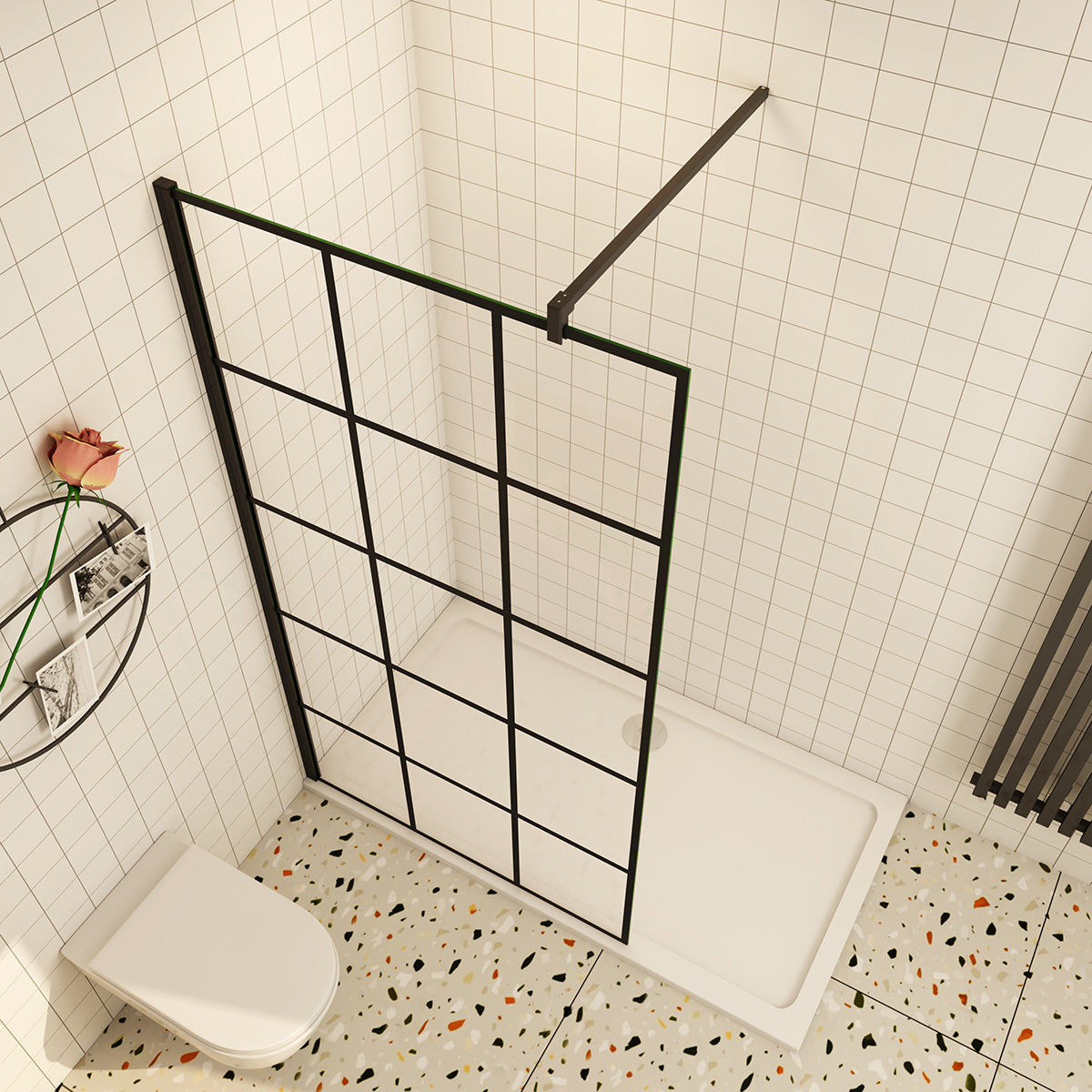 Walk-In Duschwand Dusche mit Gittermuster Schwarz 8mm NANO Glas 120x200 cm