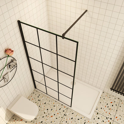 Walk-In Duschwand Dusche mit Gittermuster Schwarz 8mm NANO Glas 140x200 cm