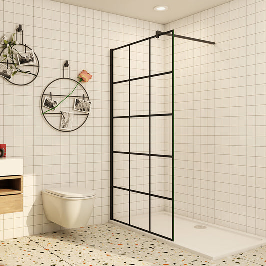 Walk-In Duschwand Dusche mit Gittermuster Schwarz 8mm NANO Glas 140x200 cm