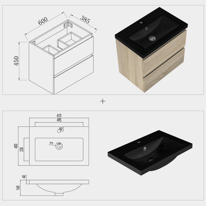 Badmöbel-Set 60 cm vormontierter Unterschrank, inkl. 2 Schubladen mit Soft-Close-Funktion,Waschtisch schwarz