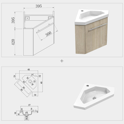 Eck-Badmöbel Set AURORA 45 cm Weiß/Eiche Natur/Anthrazit Eckwaschbecken mit Unterschrank Waschtisch Waschbecken