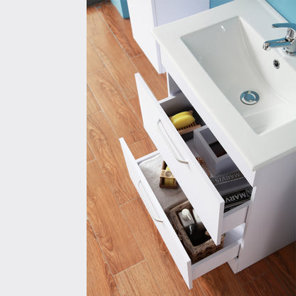 Badezimmer Möbel Set 60 cm Weiß/Walnuss Standschrank Waschbecken mit Unterschrank Waschtisch Keramikbecken Weiß/Walnuss