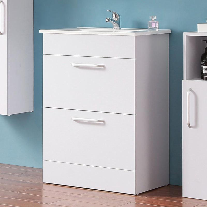 Badezimmer Möbel Set 60 cm Weiß/Walnuss Standschrank Waschbecken mit Unterschrank Waschtisch Keramikbecken Weiß/Walnuss